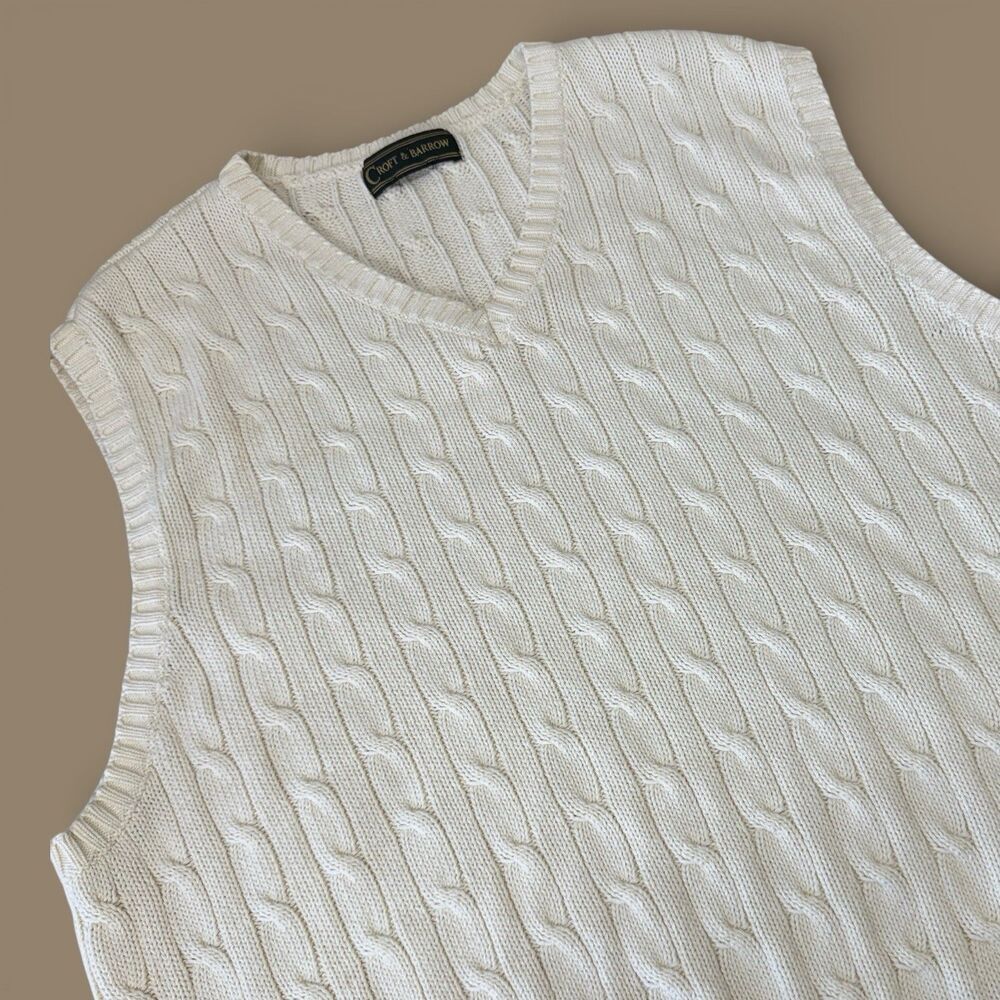 Croft &Barrow Mens Cableknit Sweater Vest XL Ivory V Neck Pullover Knit Cotton